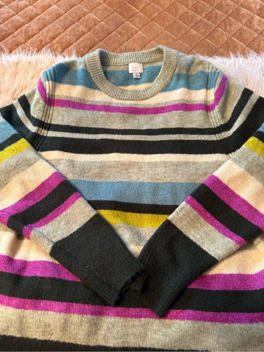 a new day Striped Crewneck Sweater in Gray, Blue & Magenta